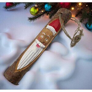 Wooden Carved Santa Face Christmas Tree Ornament Rustic Folk Art Hand Painted